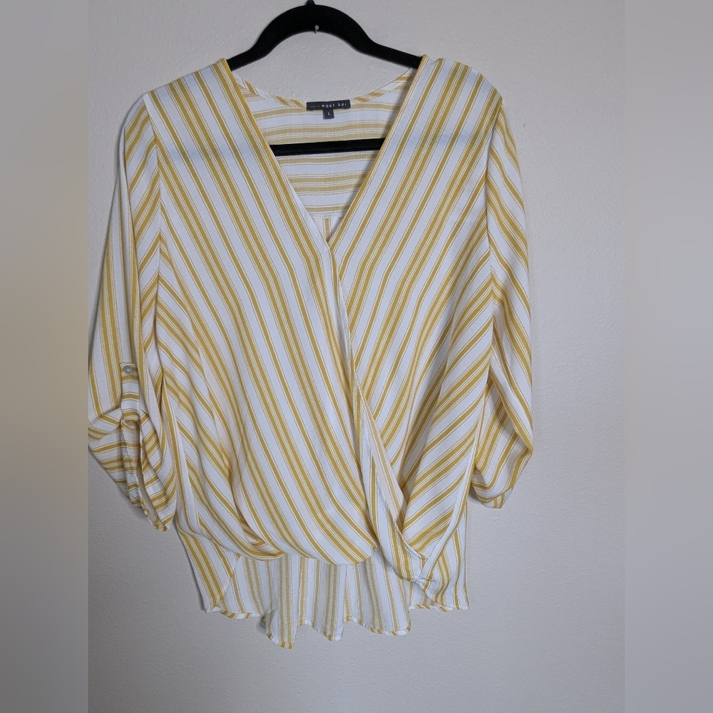 West Kei Yellow and White Striped V-Neck Blouse Size L